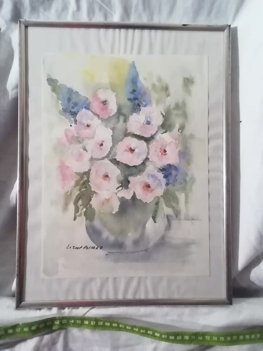Obraz Kwiaty sygn. R. Lizut akwarela wym. 40x20 cm. Zamienię