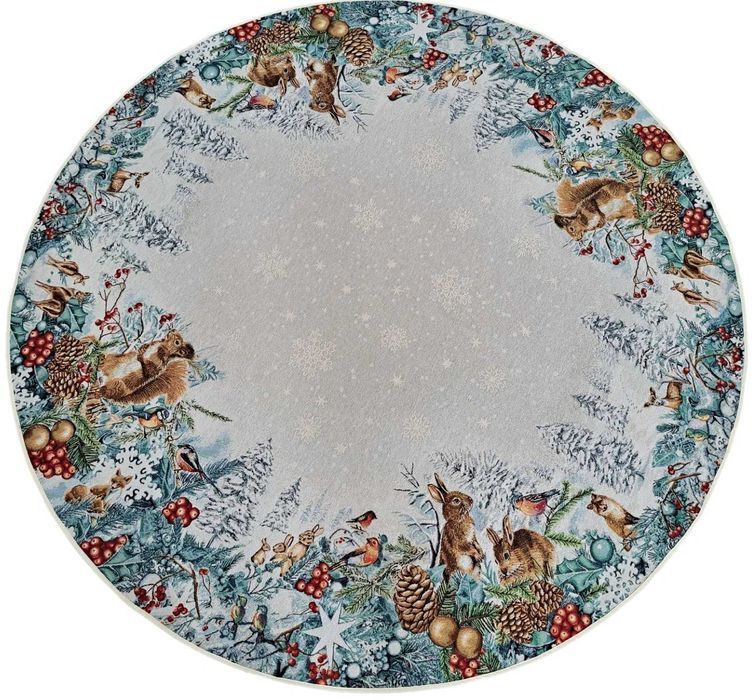 Obrus okrągły 140 cm ze zwierzętami leśnymi V12 gobelinowy świąteczny