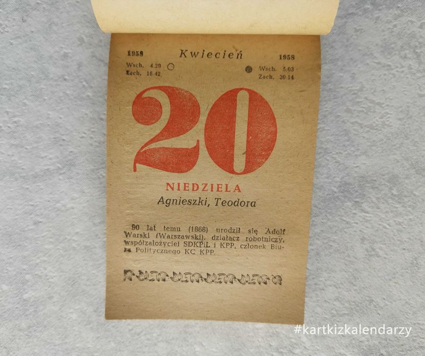 Kartka z kalendarza 1958 - oryginalna