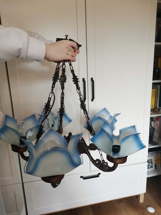 lampa, żyrandol niebieski PRL