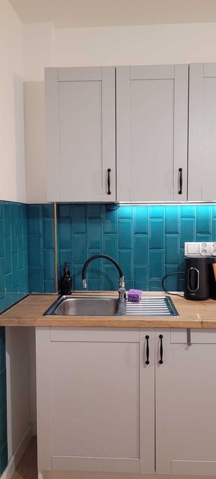 Kuchnia z blatem i zlewem IKEA - szare fronty, komplet, meble kuchenne