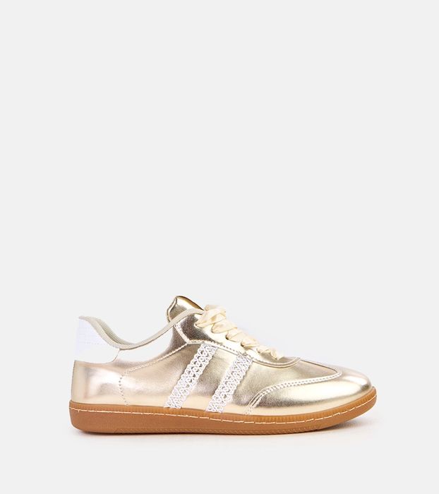 Złote sneakersy damskie z satynowymi sznurówkami Madres
