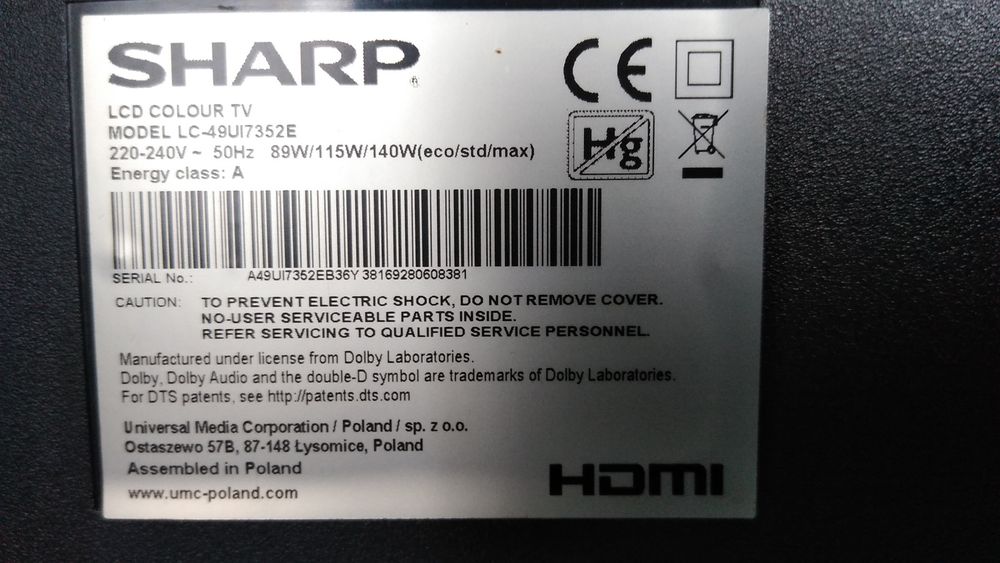 Sharp 49 cali uszkodzony na części