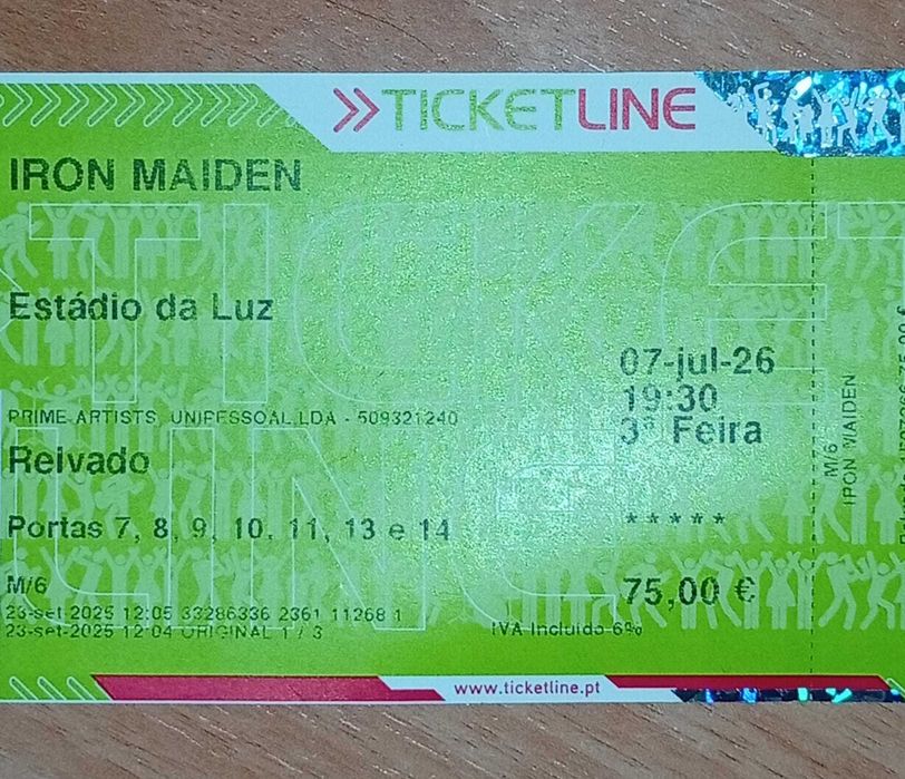 Bilhete Concerto IRON MAIDEN - Estádio da Luz