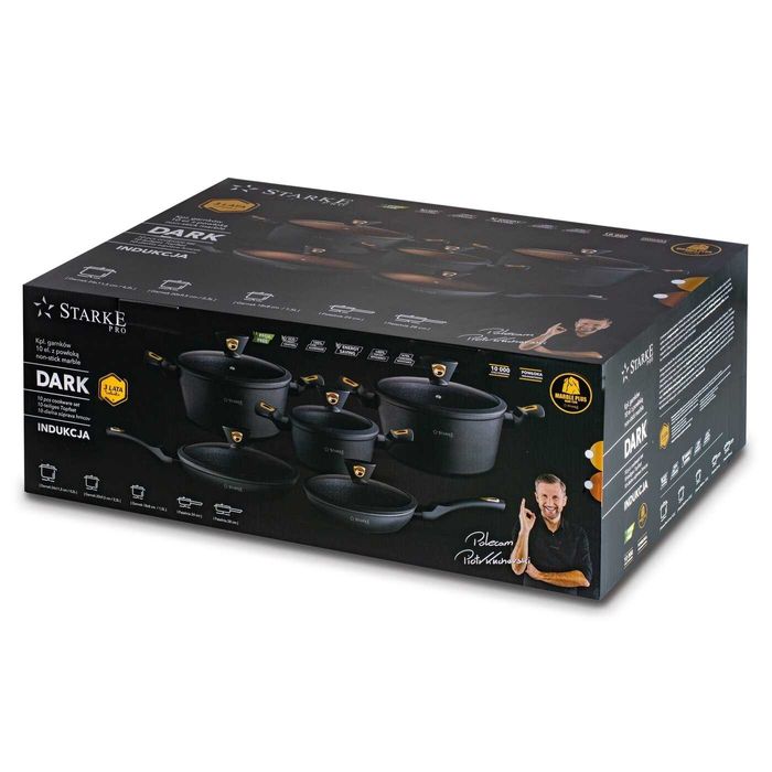 Nowy zestaw garnków Starke pro 12 elem. garnki patelnia czarne