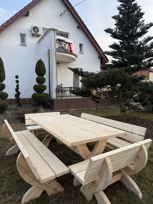 ogrodowy drewniany – stół + 4 ławki | ręczna robota | NOWY