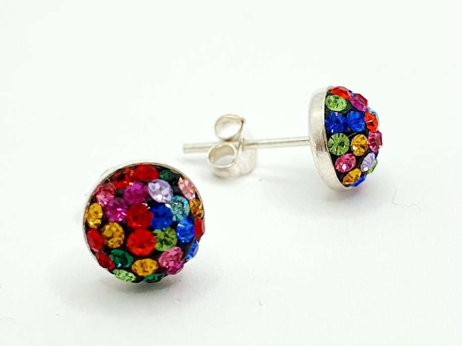 Kolczyki srebrne pr.925 półkule 10mm z kolorowymi cyrkoniami