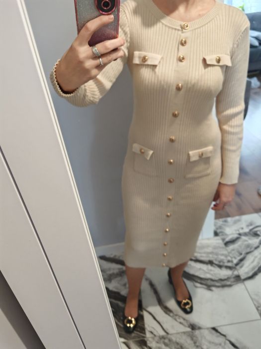 Extra długa sukienka prążek beżowa złote guziki m L XL XXL xxxl