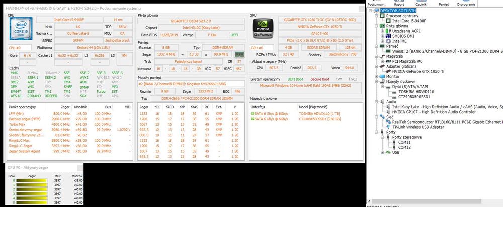 Komputer Stacjonarny i5-9400F | GTX 1050 Ti 4GB | 8GB RAM | SSD 500GB + HDD 1TB | Win 10