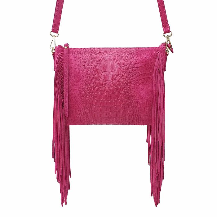 VERA PELLE torebka zamszowa listonoszka z frędzlami V001 fuksja