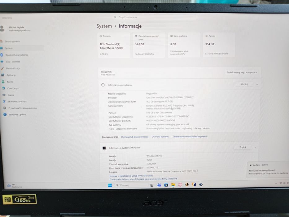 Acer nitro 5 i7, rtx 3070Ti, 1 tb