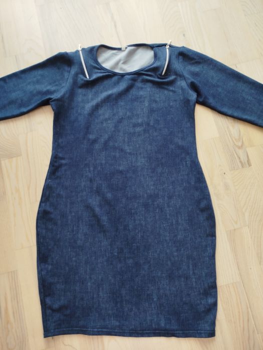 Granatowa sukienka ciążowa a'la jeans jeansowa L ozdobne zamki