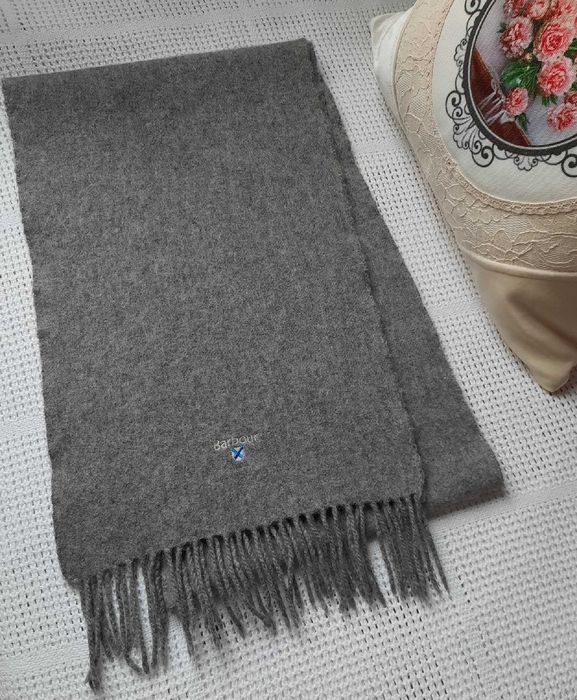 Barbour 100% Wełna szary szal frędzle wełniany męski damski Uniseks