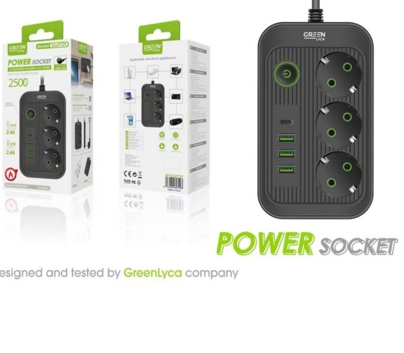 Przedłużacz Listwa Zasilająca 3 Gniazda + 3× USB + USB-C 2500W GreenLyca