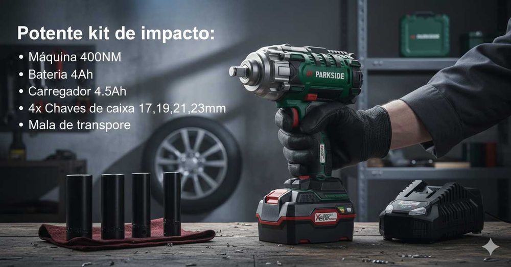 Kit Chave de Impacto Parkside 20V (400Nm) + Bateria 4Ah + Carregador