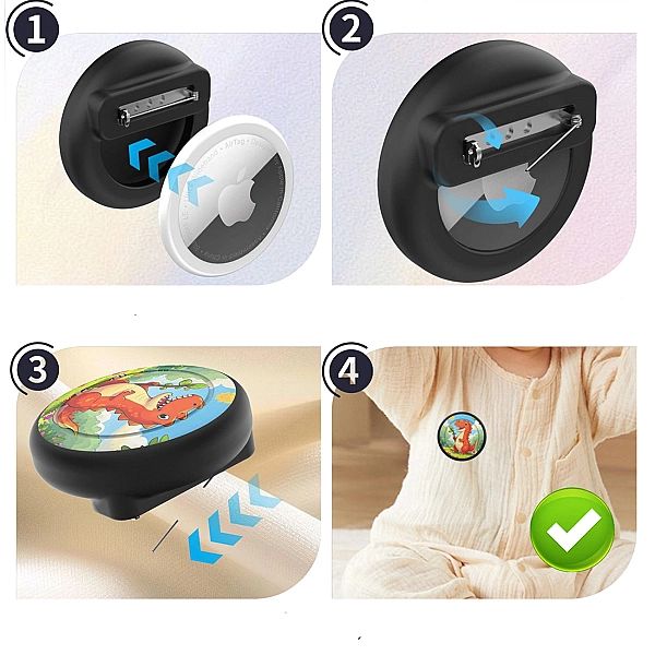 Etui przypinka na AirTag - czarna z nadrukiem dinozaura