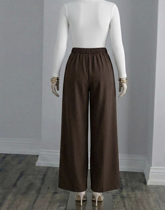 Czekoladowe spodnie z szerokimi nogawkami high waist eleganckie szwedy