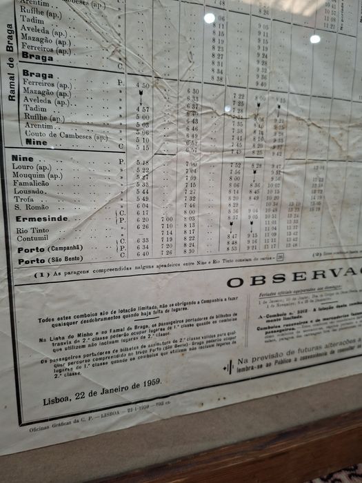 1959 horário dos comboios Linha do Minho