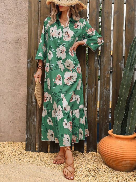 Sukienka Letnia Boho W Kwiaty Z Kołnierzykiem Maxi Zielona Shein L