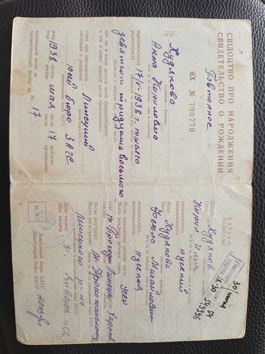 Свідоцтво про народження 1938 Свидетельство о рождении (3)