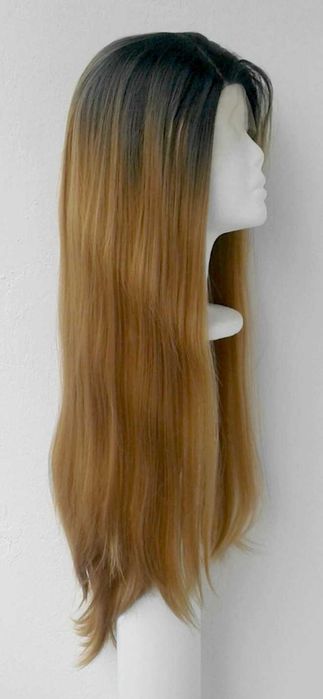 Lace Front blond złota peruka z odrostem ombre prosta długa złoty wig