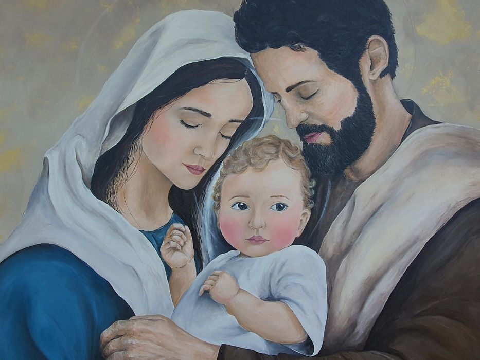Duży ręcznie malowany obraz Świętej Rodziny, 80x100 cm, obraz na płótnie, prezent na ślub