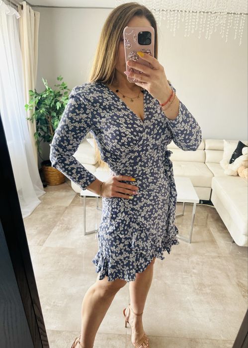 Kopertowa midi sukienka w kwiaty, falbanka, wiskoza, S, M, L