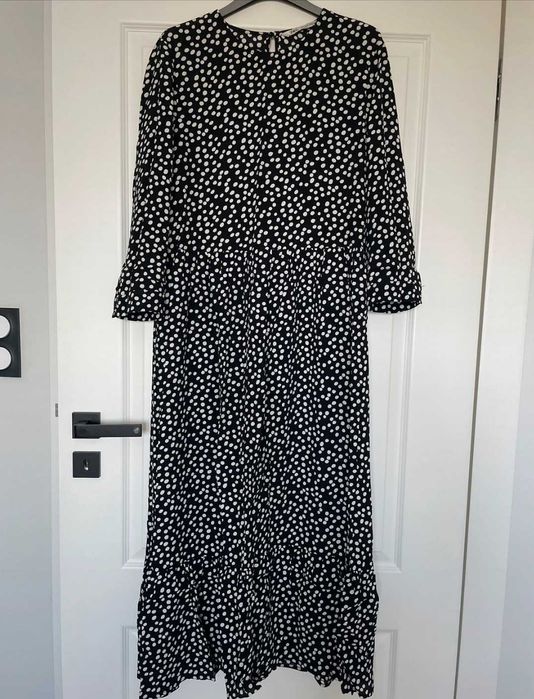 Zara czarna w białe kropki groszki sukienka MIDI maxi wiskoza M