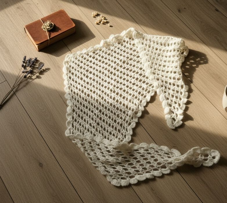 Wełniana Śmietankowa Chusta / szal / etola damska Trójkąt Ażurowy Splo