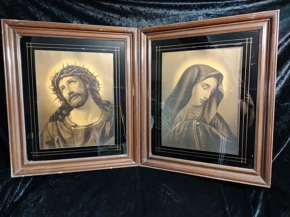 Stary obraz komplet oleodruk kpl Jezusa Maryi sepia OS1011