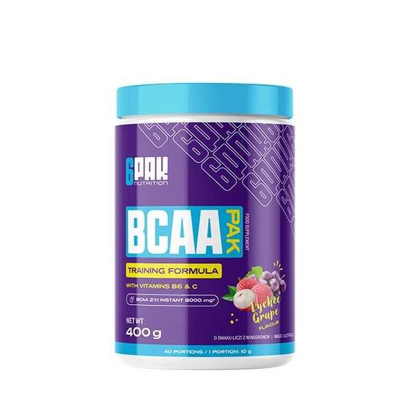 6PAK BCAA PAK 400g Aminokwasy Rozgałęzione Regeneracja Liczi-Winogrono