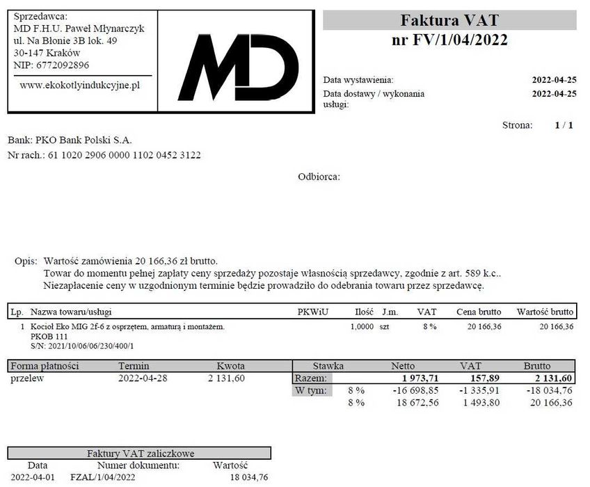 Kocioł indukcyjny Eko MIG 2f-6 z osprzętem, armaturą