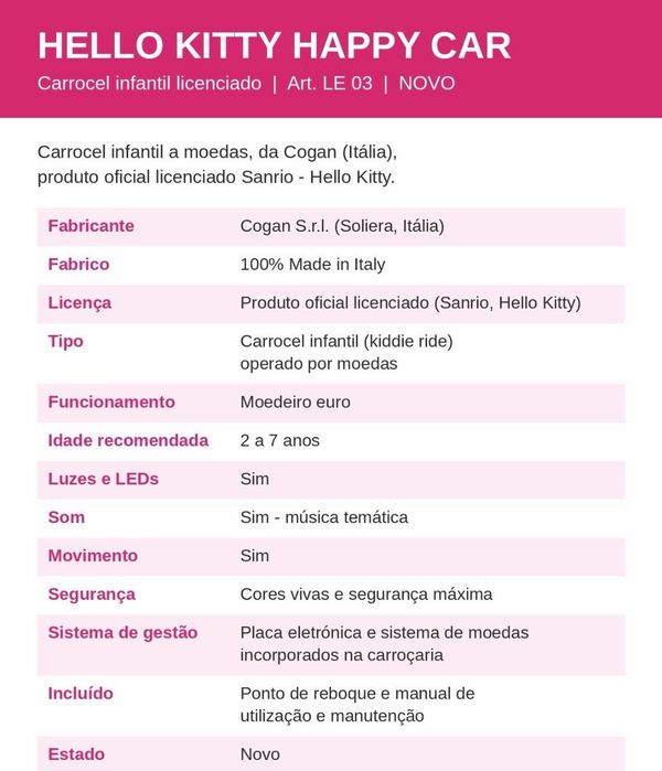 Kiddie Ride Hello Kitty – Carro Infantil Elétrico com Moedeiro