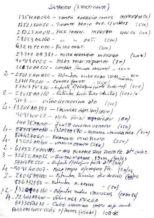 Subaru Impreza-peças que estão na lista