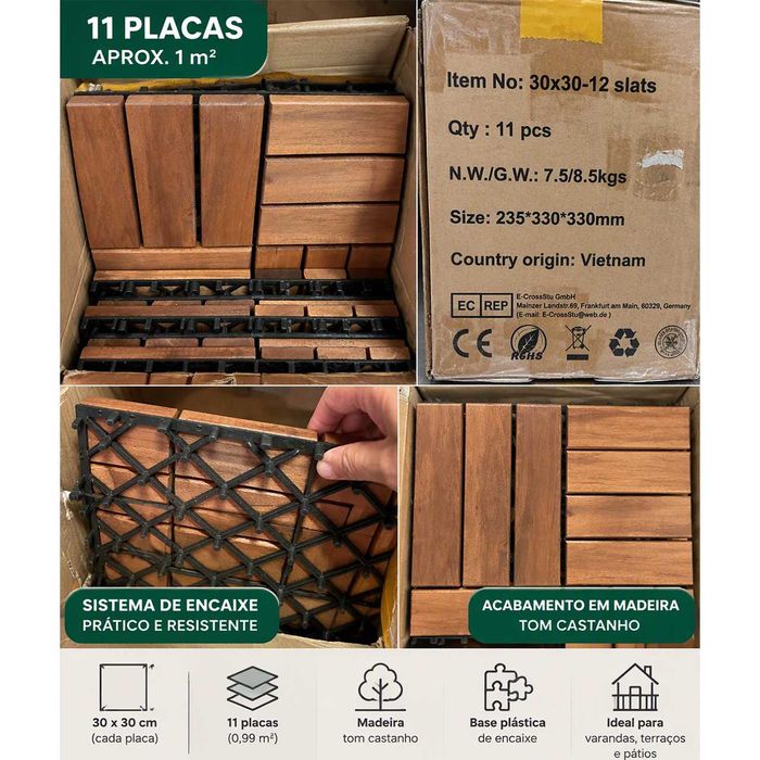 Deck Modular Madeira 30x30 cm – 11 Placas / aprox. 1 m² - Novo - Envio Gratuito