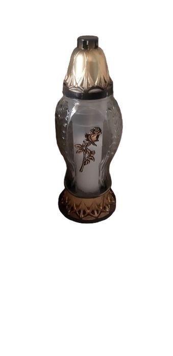 Znicz szklany z różą złote wykończenie przezroczysty z wkładem