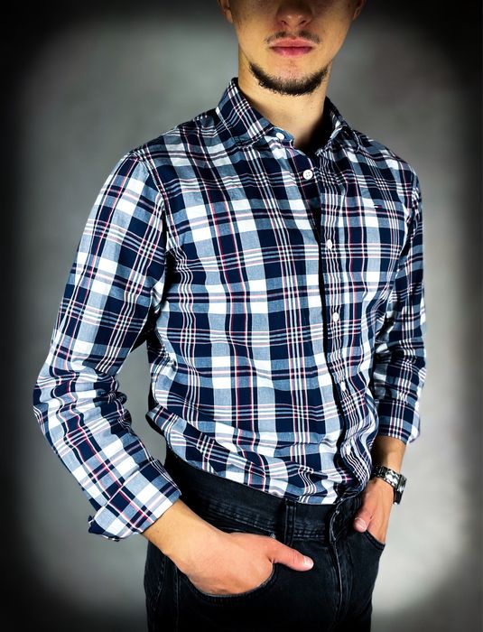 (S) Tommy Hilfiger Nowa Męska Koszula Biała Czerwona Granatowa Bawełna