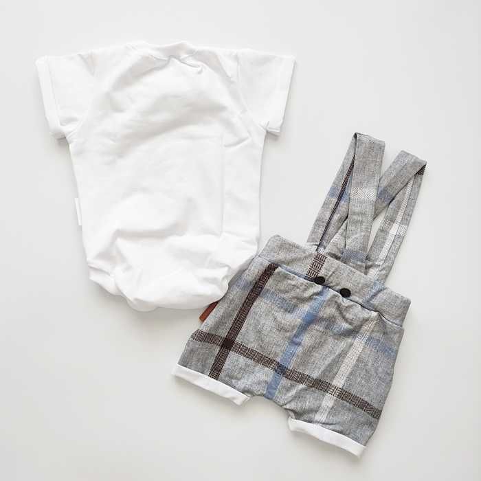 Elegancki szary KOMPLET szorty body, letni garnitur niebieska krata 74