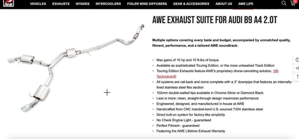 AWE выхлоп AudiA4b9 2.0T, новая гофра+доп.резонаторы atp performance .