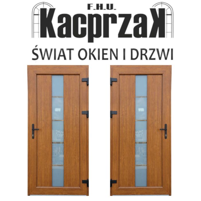 DRZWI Kacprzak 99x209 Drzwi ZEWNĘTRZNE PCV Złoty Dąb Lewe i Prawe z Szybą Ozdobne Lider OLX