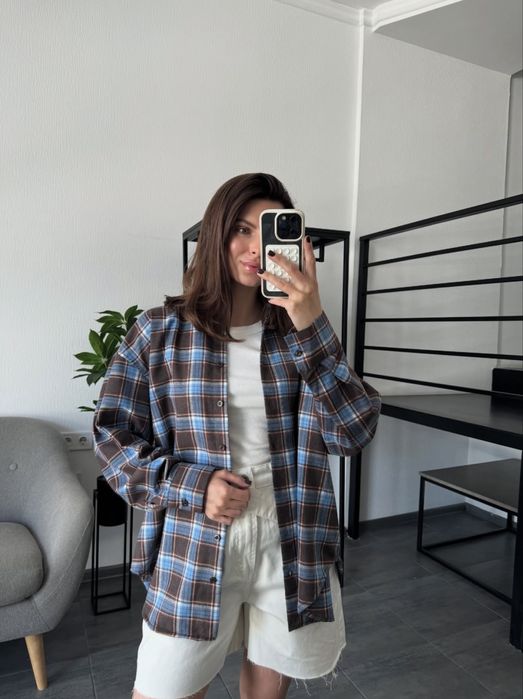 Трендова сорочка шоколад з синім в клітинку, картата сорочка коричнева