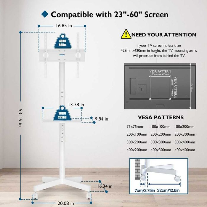 Suporte de TV móvel com rodas ajustável para TVs de 23"-60" - Branco