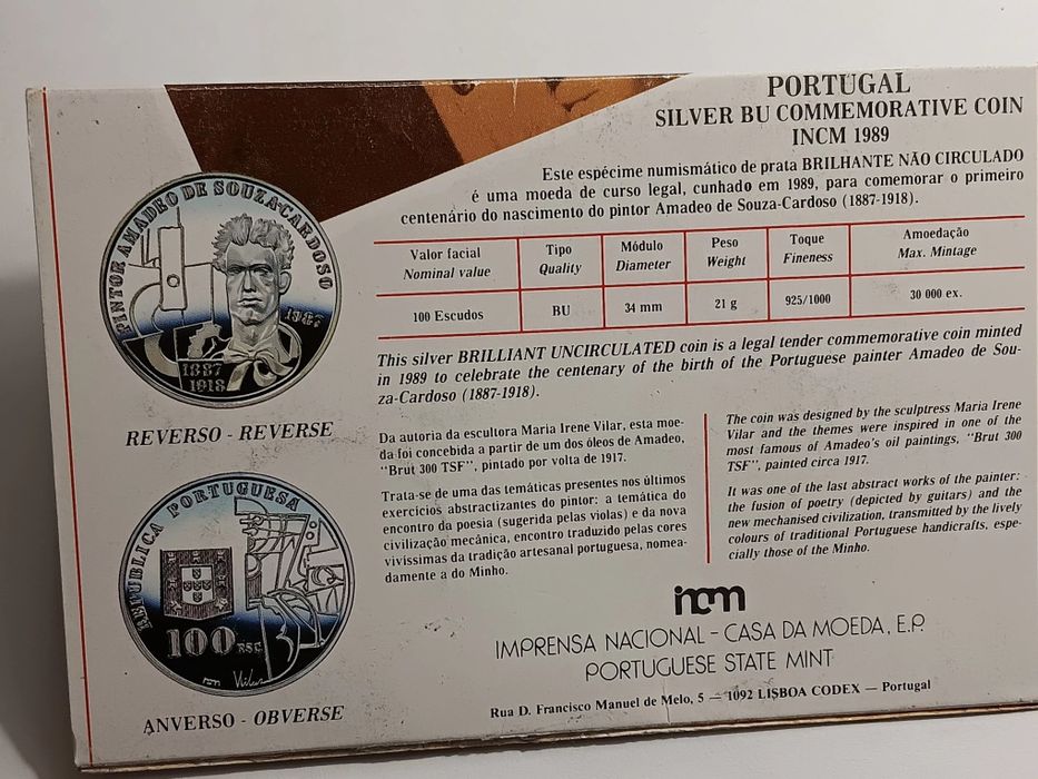 Moeda prata 925 de 100 escudos de 1987.