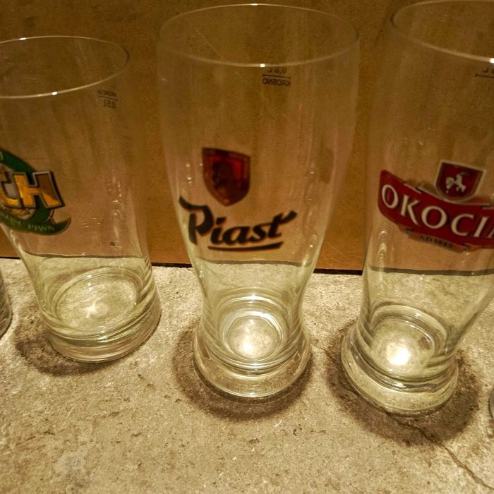 Zestaw 11 szklanek pokali do piwa Wrocław Piast, Warka, Lech Żywiec