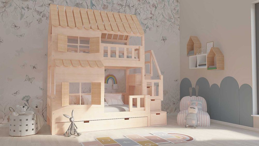 Łóżko piętrowe domek ze schodami