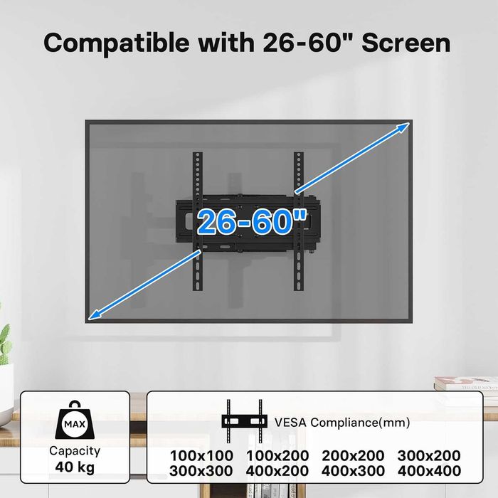 BONTEC Uchwyt Ścienny do TV 26-60" | Udźwig 45kg | VESA 400x400