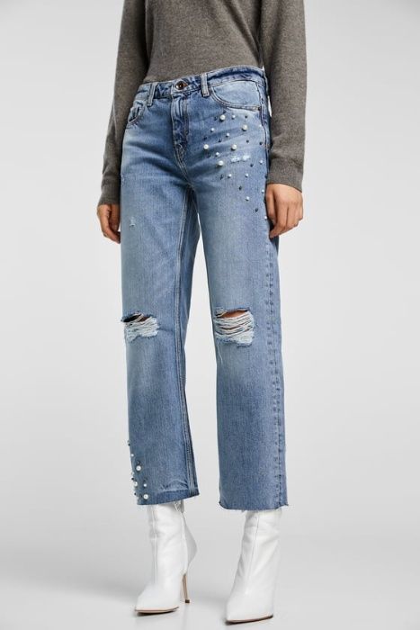 Джинсы с высокой посадкой с потертостями ZARA, новые! 32/XS
