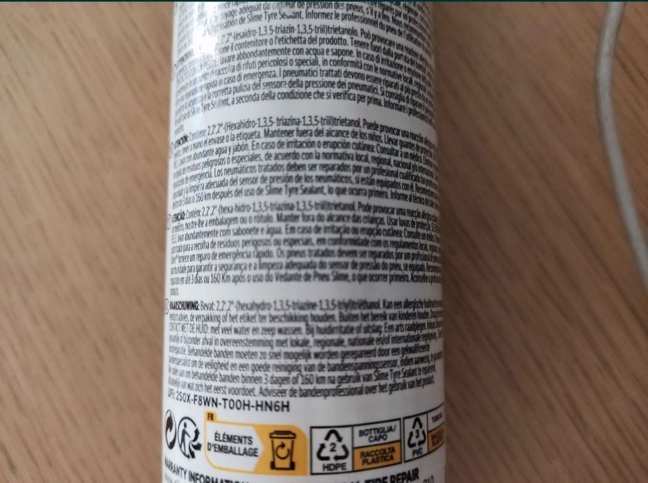 Líquido/Gel reparador de furos nos pneus (Slime) - novo e selado