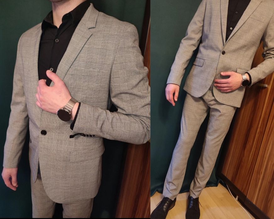 Garnitur męski ślubny szary kratka wesele jak nowy 50 5XL