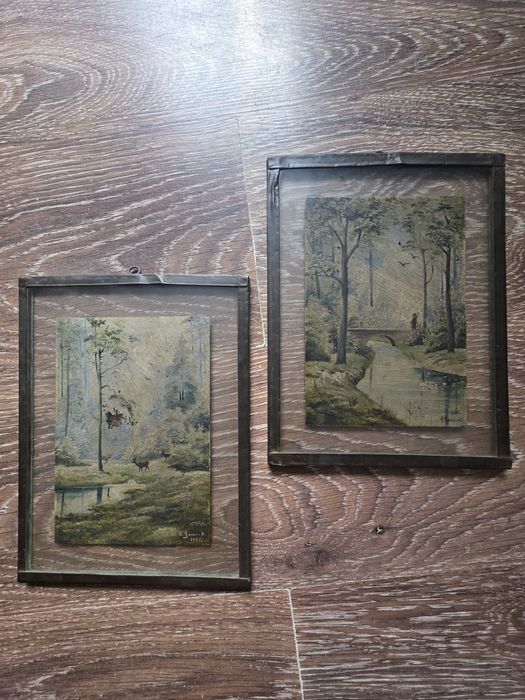 Zabytkowa para obrazów na szkle L. Sowiński 1906 r. Antyk Dyptyk